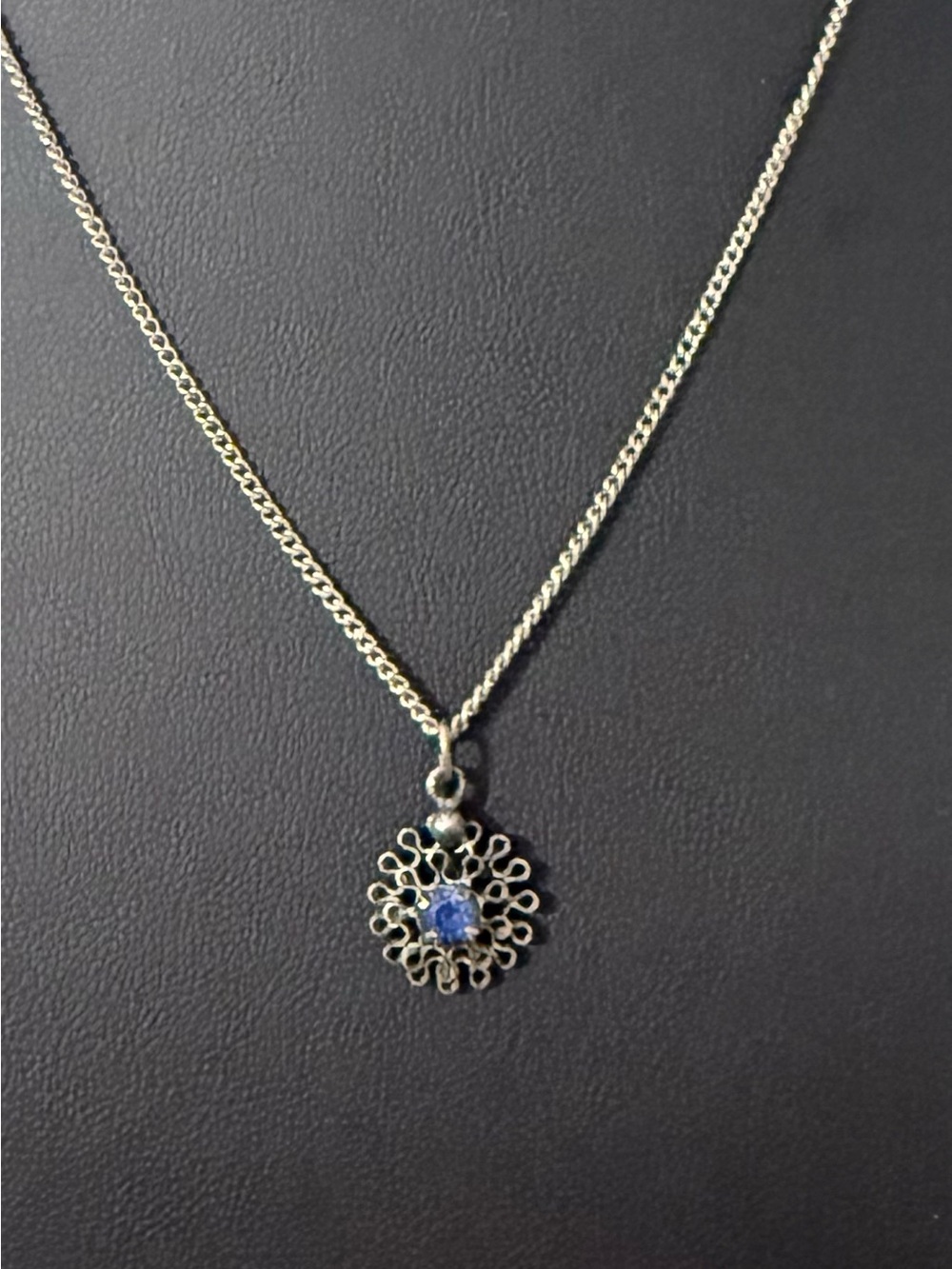 Silver Floral Vintage Filigree Pendant Necklace with Blue Stone